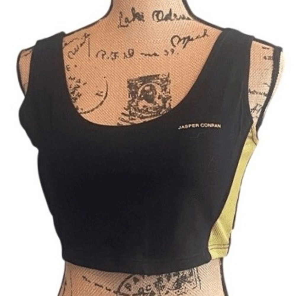 Jasper Conran‎ Womens Colorblock Scoop Neck Crop Active Tank Black Yellow Medium